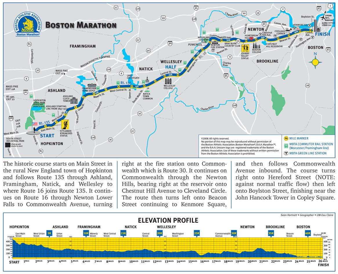 Boston marathon map - Boston marathon elevation map (United States of ...