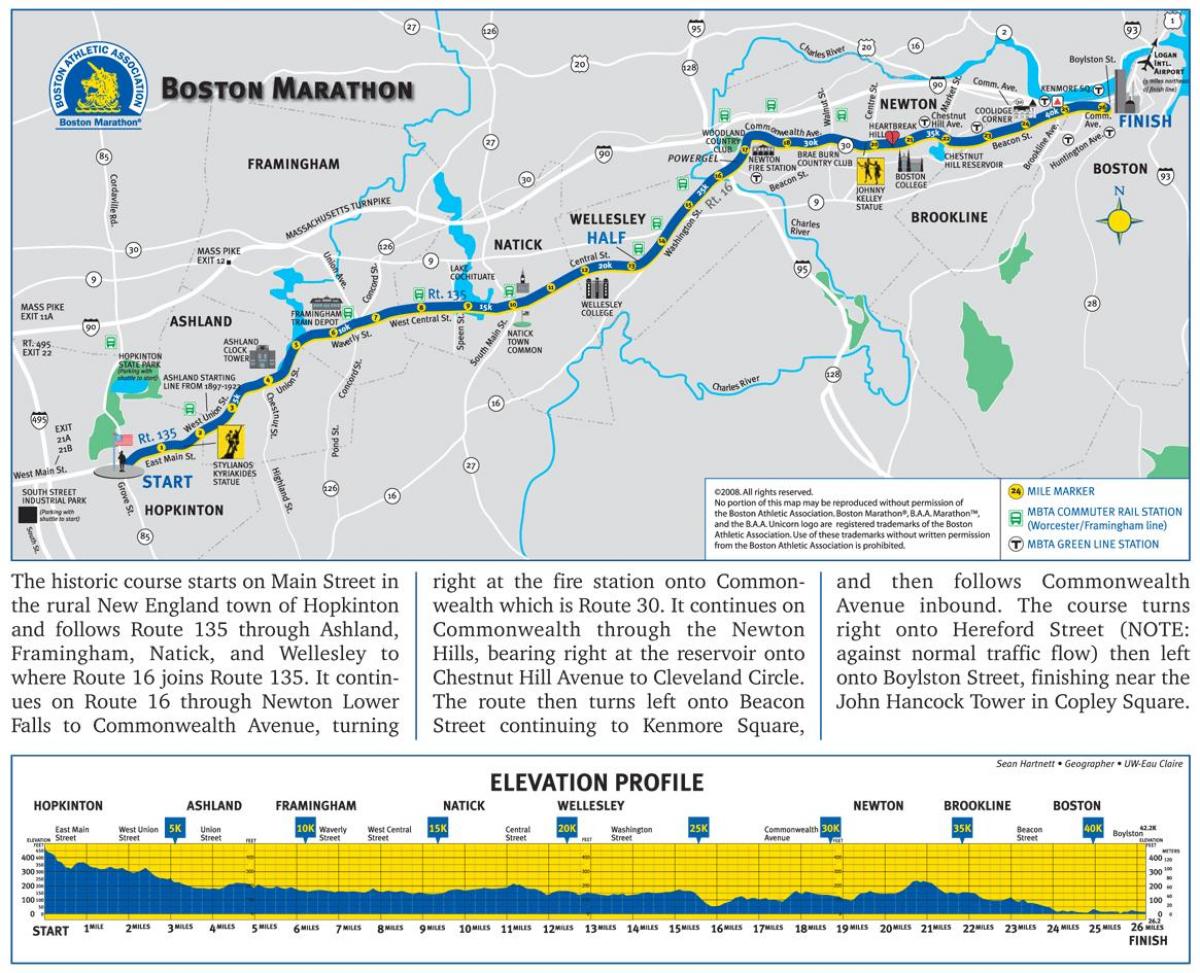 Boston marathon map Boston marathon elevation map (United States of